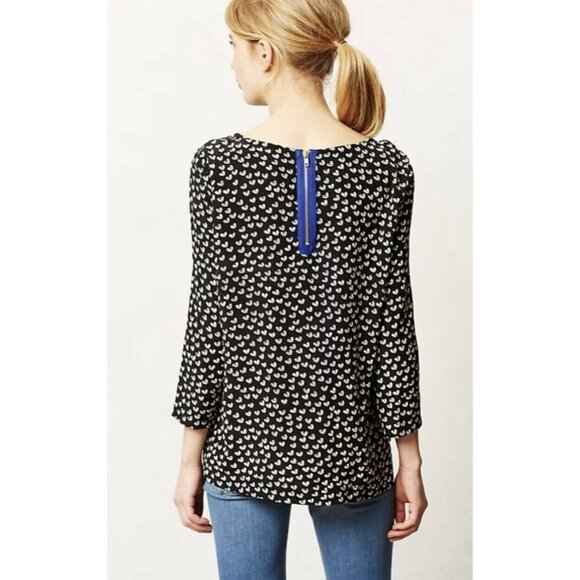 Maeve Anthropologie Linosa Heart Blouse 3/4 Sleeves Black White Silk Back Zip M - Picture 6 of 9